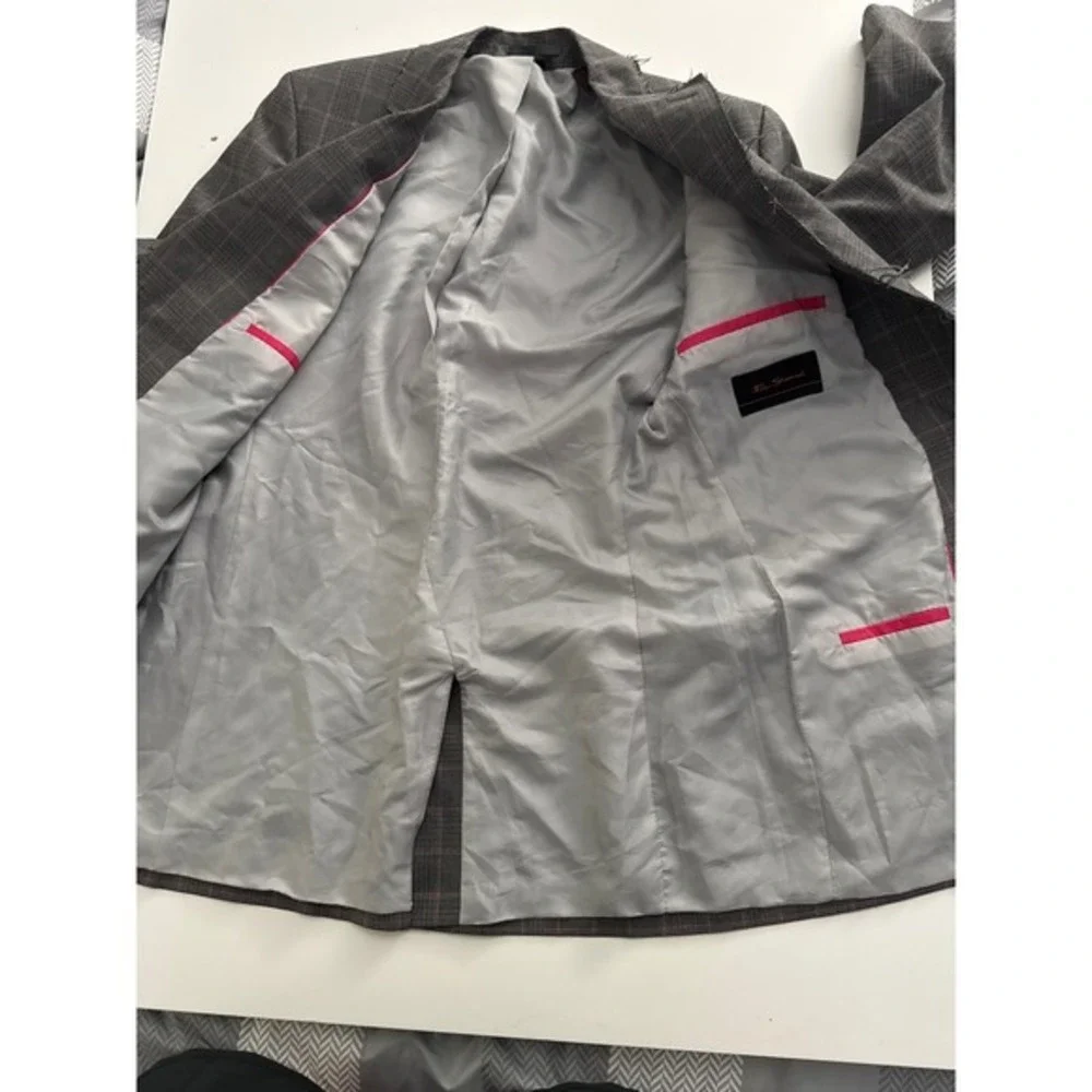 Ben Sherman Mens Grey Pink Plaid Distressed Raw Edge Blazer Sport Coat L Y2K